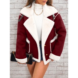 Womens Ultra-Soft Plush Lapel Jacket - Winter Warm Casual Outwear with Stylish Faux Fur Collar - Insulated Comfort, Trendy Design for Versatile Styling