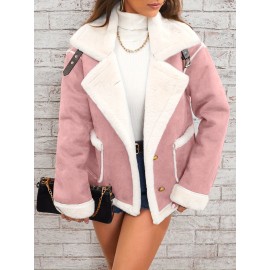 Womens Ultra-Soft Plush Lapel Jacket - Winter Warm Casual Outwear with Stylish Faux Fur Collar - Insulated Comfort, Trendy Design for Versatile Styling