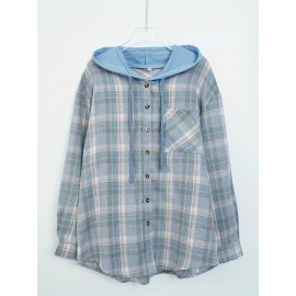 Womens Plaid Print Crew Neck Bomber Jacket - Soft Micro Elastic Polyester Fabric, Button Front, Drawstring Hood, Casual Long Sleeve Outerwear for Spring & Fall Seasons