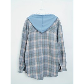 Womens Plaid Print Crew Neck Bomber Jacket - Soft Micro Elastic Polyester Fabric, Button Front, Drawstring Hood, Casual Long Sleeve Outerwear for Spring & Fall Seasons