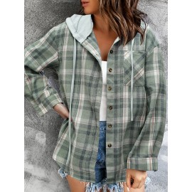 Womens Plaid Print Crew Neck Bomber Jacket - Soft Micro Elastic Polyester Fabric, Button Front, Drawstring Hood, Casual Long Sleeve Outerwear for Spring & Fall Seasons