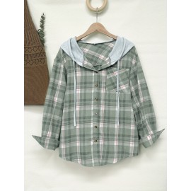 Womens Plaid Print Crew Neck Bomber Jacket - Soft Micro Elastic Polyester Fabric, Button Front, Drawstring Hood, Casual Long Sleeve Outerwear for Spring & Fall Seasons