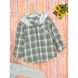Womens Plaid Print Crew Neck Bomber Jacket - Soft Micro Elastic Polyester Fabric, Button Front, Drawstring Hood, Casual Long Sleeve Outerwear for Spring & Fall Seasons