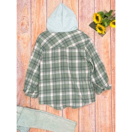 Womens Plaid Print Crew Neck Bomber Jacket - Soft Micro Elastic Polyester Fabric, Button Front, Drawstring Hood, Casual Long Sleeve Outerwear for Spring & Fall Seasons