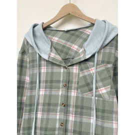 Womens Plaid Print Crew Neck Bomber Jacket - Soft Micro Elastic Polyester Fabric, Button Front, Drawstring Hood, Casual Long Sleeve Outerwear for Spring & Fall Seasons