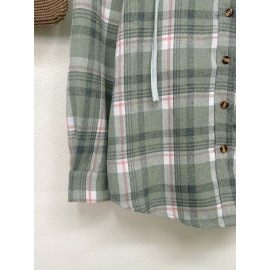 Womens Plaid Print Crew Neck Bomber Jacket - Soft Micro Elastic Polyester Fabric, Button Front, Drawstring Hood, Casual Long Sleeve Outerwear for Spring & Fall Seasons