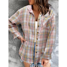 Womens Plaid Print Crew Neck Bomber Jacket - Soft Micro Elastic Polyester Fabric, Button Front, Drawstring Hood, Casual Long Sleeve Outerwear for Spring & Fall Seasons