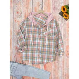 Womens Plaid Print Crew Neck Bomber Jacket - Soft Micro Elastic Polyester Fabric, Button Front, Drawstring Hood, Casual Long Sleeve Outerwear for Spring & Fall Seasons