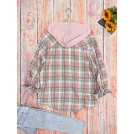 Womens Plaid Print Crew Neck Bomber Jacket - Soft Micro Elastic Polyester Fabric, Button Front, Drawstring Hood, Casual Long Sleeve Outerwear for Spring & Fall Seasons