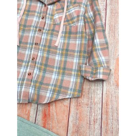Womens Plaid Print Crew Neck Bomber Jacket - Soft Micro Elastic Polyester Fabric, Button Front, Drawstring Hood, Casual Long Sleeve Outerwear for Spring & Fall Seasons