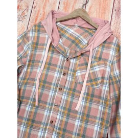 Womens Plaid Print Crew Neck Bomber Jacket - Soft Micro Elastic Polyester Fabric, Button Front, Drawstring Hood, Casual Long Sleeve Outerwear for Spring & Fall Seasons