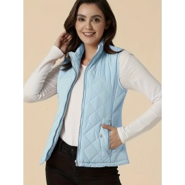 Stylish Argyle Pattern Sleeveless Vest - Zip-Up Closure, Casual Solid Design, Breathable Fabric, Women's Fashion Clothing for Everyday Wear
