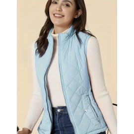 Stylish Argyle Pattern Sleeveless Vest - Zip-Up Closure, Casual Solid Design, Breathable Fabric, Women's Fashion Clothing for Everyday Wear