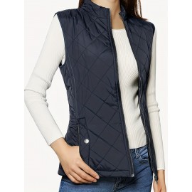 Stylish Argyle Pattern Sleeveless Vest - Zip-Up Closure, Casual Solid Design, Breathable Fabric, Women's Fashion Clothing for Everyday Wear