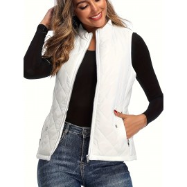 Stylish Argyle Pattern Sleeveless Vest - Zip-Up Closure, Casual Solid Design, Breathable Fabric, Women's Fashion Clothing for Everyday Wear