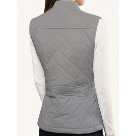 Stylish Argyle Pattern Sleeveless Vest - Zip-Up Closure, Casual Solid Design, Breathable Fabric, Women's Fashion Clothing for Everyday Wear