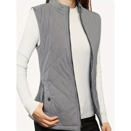 Stylish Argyle Pattern Sleeveless Vest - Zip-Up Closure, Casual Solid Design, Breathable Fabric, Women's Fashion Clothing for Everyday Wear