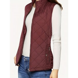 Stylish Argyle Pattern Sleeveless Vest - Zip-Up Closure, Casual Solid Design, Breathable Fabric, Women's Fashion Clothing for Everyday Wear