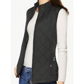 Stylish Argyle Pattern Sleeveless Vest - Zip-Up Closure, Casual Solid Design, Breathable Fabric, Women's Fashion Clothing for Everyday Wear