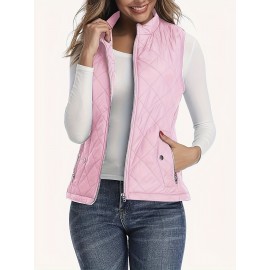 Stylish Argyle Pattern Sleeveless Vest - Zip-Up Closure, Casual Solid Design, Breathable Fabric, Women's Fashion Clothing for Everyday Wear