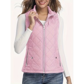 Stylish Argyle Pattern Sleeveless Vest - Zip-Up Closure, Casual Solid Design, Breathable Fabric, Women's Fashion Clothing for Everyday Wear