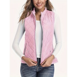 Stylish Argyle Pattern Sleeveless Vest - Zip-Up Closure, Casual Solid Design, Breathable Fabric, Women's Fashion Clothing for Everyday Wear