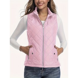 Stylish Argyle Pattern Sleeveless Vest - Zip-Up Closure, Casual Solid Design, Breathable Fabric, Women's Fashion Clothing for Everyday Wear