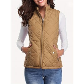 Stylish Argyle Pattern Sleeveless Vest - Zip-Up Closure, Casual Solid Design, Breathable Fabric, Women's Fashion Clothing for Everyday Wear