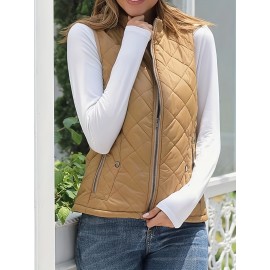 Stylish Argyle Pattern Sleeveless Vest - Zip-Up Closure, Casual Solid Design, Breathable Fabric, Women's Fashion Clothing for Everyday Wear
