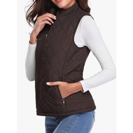 Stylish Argyle Pattern Sleeveless Vest - Zip-Up Closure, Casual Solid Design, Breathable Fabric, Women's Fashion Clothing for Everyday Wear