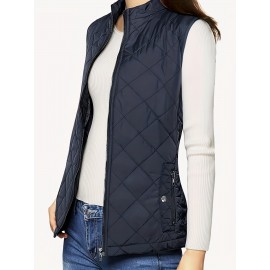 Stylish Argyle Pattern Sleeveless Vest - Zip-Up Closure, Casual Solid Design, Breathable Fabric, Women's Fashion Clothing for Everyday Wear