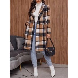 Plaid Pattern Button Front Lapel Coat, Elegant Long Sleeve Knee Length Coat For Fall & Winter, Women's Clothing