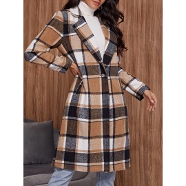 Plaid Pattern Button Front Lapel Coat, Elegant Long Sleeve Knee Length Coat For Fall & Winter, Women's Clothing