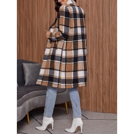 Plaid Pattern Button Front Lapel Coat, Elegant Long Sleeve Knee Length Coat For Fall & Winter, Women's Clothing