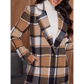 Plaid Pattern Button Front Lapel Coat, Elegant Long Sleeve Knee Length Coat For Fall & Winter, Women's Clothing