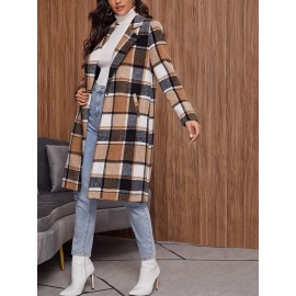 Plaid Pattern Button Front Lapel Coat, Elegant Long Sleeve Knee Length Coat For Fall & Winter, Women's Clothing