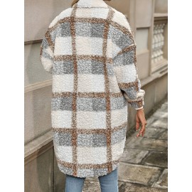 Cozy Plaid Print Fuzzy Long Sleeve Lapel Coat - Soft Micro Elastic Polyester, Machine Washable, Elegant Knit Fabric for Fall & Winter - Casual Thermal Womens Clothing