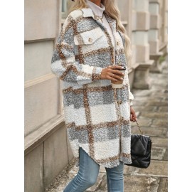 Cozy Plaid Print Fuzzy Long Sleeve Lapel Coat - Soft Micro Elastic Polyester, Machine Washable, Elegant Knit Fabric for Fall & Winter - Casual Thermal Womens Clothing