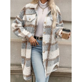 Cozy Plaid Print Fuzzy Long Sleeve Lapel Coat - Soft Micro Elastic Polyester, Machine Washable, Elegant Knit Fabric for Fall & Winter - Casual Thermal Womens Clothing