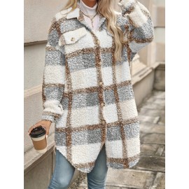 Cozy Plaid Print Fuzzy Long Sleeve Lapel Coat - Soft Micro Elastic Polyester, Machine Washable, Elegant Knit Fabric for Fall & Winter - Casual Thermal Womens Clothing