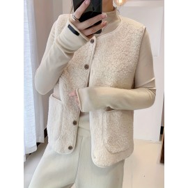 Fuzzy Button Front Vest Jacket, Versatile Sleeveless Jacket For Fall & Winter, Women's Clothing