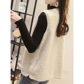 Fuzzy Button Front Vest Jacket, Versatile Sleeveless Jacket For Fall & Winter, Women's Clothing