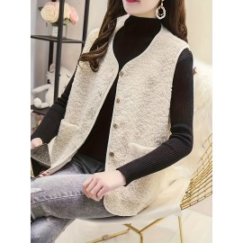Fuzzy Button Front Vest Jacket, Versatile Sleeveless Jacket For Fall & Winter, Women's Clothing