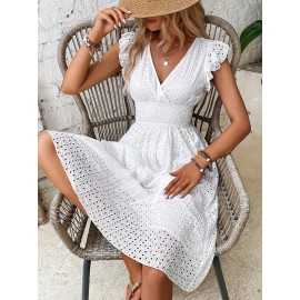 Flutter-Sleeve Ruffle Dress - V-Neck with Shirred Waist Detail - Perfect For Spring & Summer Events, Womens Fashion