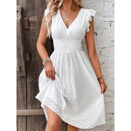 Flutter-Sleeve Ruffle Dress - V-Neck with Shirred Waist Detail - Perfect For Spring & Summer Events, Womens Fashion