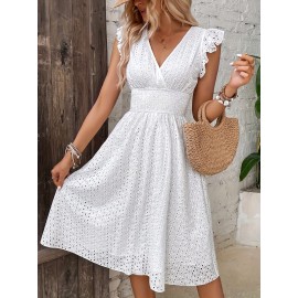 Flutter-Sleeve Ruffle Dress - V-Neck with Shirred Waist Detail - Perfect For Spring & Summer Events, Womens Fashion