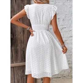 Flutter-Sleeve Ruffle Dress - V-Neck with Shirred Waist Detail - Perfect For Spring & Summer Events, Womens Fashion