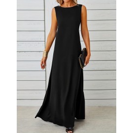 Long Sleeveless Maxi Fit and Flare Tank Dress - Soft High Elasticity Polyester Fabric, Crew Neck, Solid Color, Casual Everyday Wear for Women - All-Season Comfortable Knit Fabric Clothing