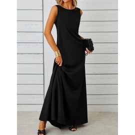 Long Sleeveless Maxi Fit and Flare Tank Dress - Soft High Elasticity Polyester Fabric, Crew Neck, Solid Color, Casual Everyday Wear for Women - All-Season Comfortable Knit Fabric Clothing