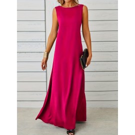 Long Sleeveless Maxi Fit and Flare Tank Dress - Soft High Elasticity Polyester Fabric, Crew Neck, Solid Color, Casual Everyday Wear for Women - All-Season Comfortable Knit Fabric Clothing